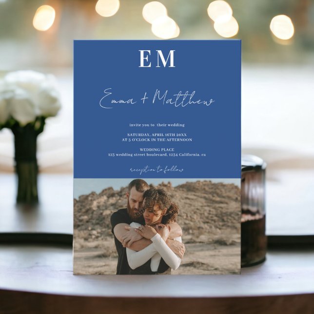 Initials blue simple 2 photos qr wedding invitation (Initials blue simple 2 photos qr wedding invitation)