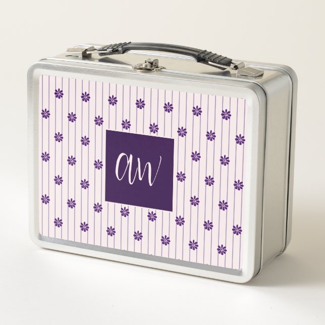 Initials Blush & Violet Stripes Floral Pattern Metal Lunch Box (Front)