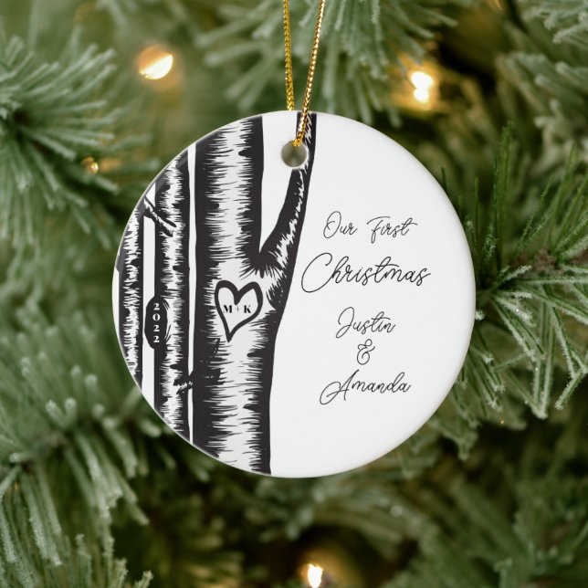 Initials Carved On Tree Couples Ceramic Tree Decoration (Tree)