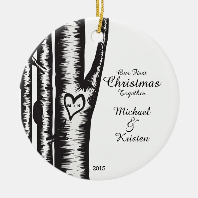 Initials Carved On Tree Couples Christmas Ceramic Tree Decoration (Front)