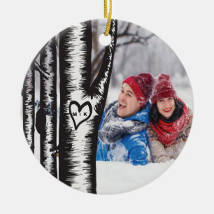 Initials Carved On Tree Couples Photo Christmas Ceramic Tree Decoration
