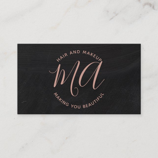 Initials chic rose gold script simple chalkboard business card (Front)