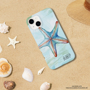 Initials Cute colourful watercolor starfish blue Case-Mate iPhone 14 Case