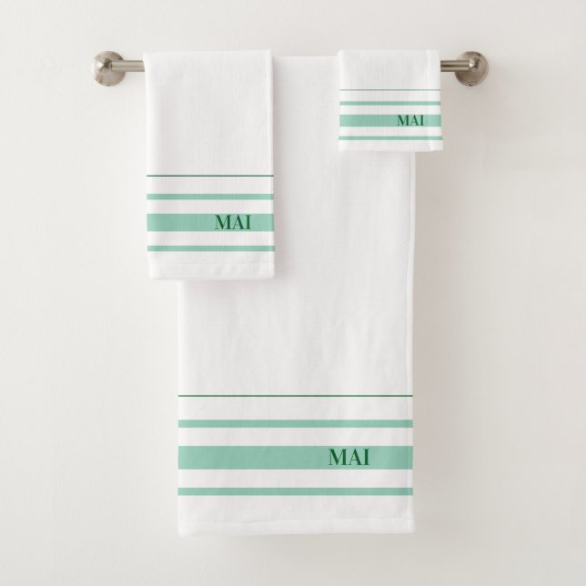 Initials cute green stripes minimalist White Bath Towel Set (Insitu)