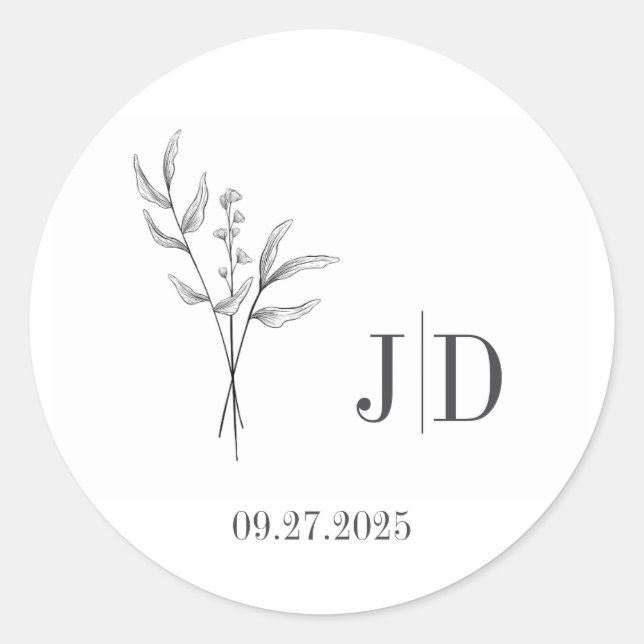 Initials & Date Elegant Minimalist Wedding Classic Round Sticker (Front)