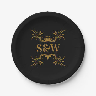 Initials Elegant Black and Gold Crown Paper Plate