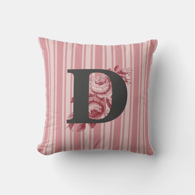 Initials F E D O B or R Cabbage Roses and Stripes Cushion (Front)