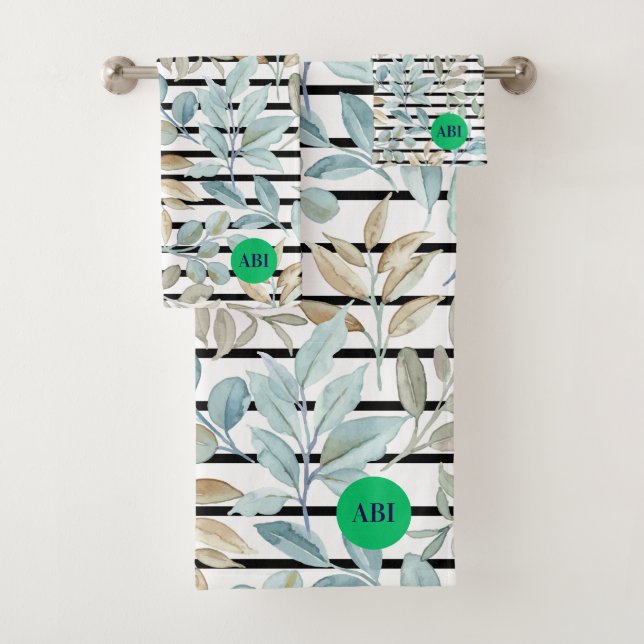 Initials girly pastel Botanical Blue Stripes Chic Bath Towel Set (Insitu)