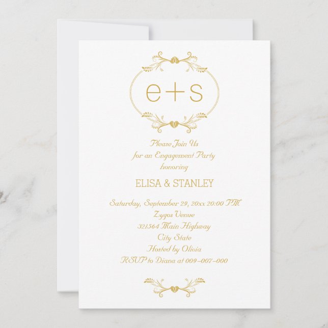 Initials in a gold frame wedding engagement party invitation (Front)