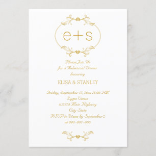 Initials in a gold frame wedding rehearsal dinner invitation