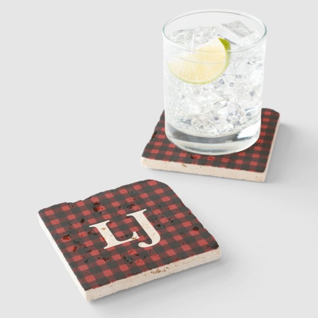 Initials Lumberjack Red Black Buffalo Plaid Stone Coaster (Side)