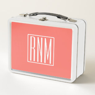 Initials Monogram   White On Coral Metal Lunch Box