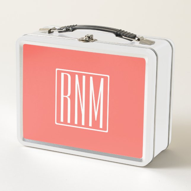 Initials Monogram | White On Coral Metal Lunch Box (Front)