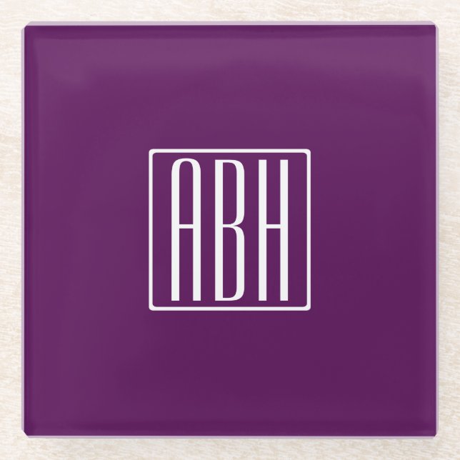 Initials Monogram | White On Deep Purple Glass Coaster (Front)