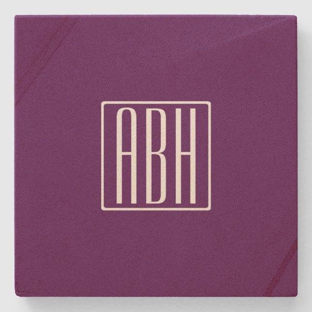 Initials Monogram | White On Deep Purple Stone Coaster (Front)