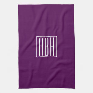 Initials Monogram   White On Deep Purple Tea Towel