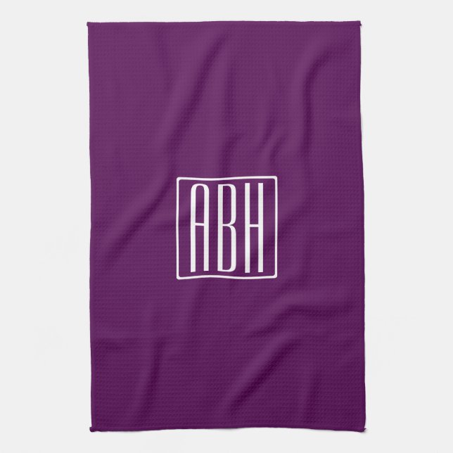 Initials Monogram | White On Deep Purple Tea Towel (Vertical)