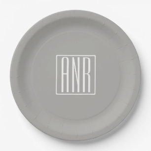 Initials Monogram   White On Light Grey Paper Plate