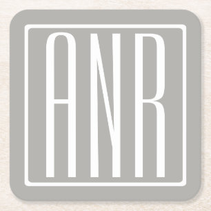 Initials Monogram   White On Light Grey Square Paper Coaster
