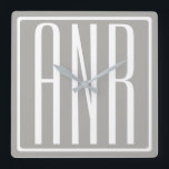 Initials Monogram | White On Light Grey Square Wall Clock<br><div class="desc">Classy, bold & modern.</div>