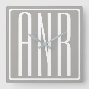 Initials Monogram   White On Light Grey Square Wall Clock