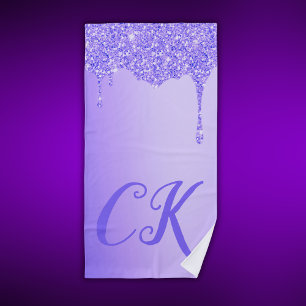 Initials Monogram with Purple Glitter   Beach Towel