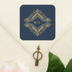 Initials Navy Blue Gold Sophisticated Swirly Square Sticker