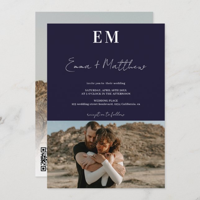 Initials navy blue simple 2 photos qr wedding invitation (Front/Back)