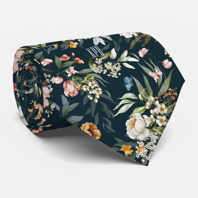 Initials, Oxford Blue Colorful Floral Pattern on Tie (Rolled)