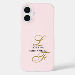 Initials Pastel Pink Minimalist Gold Calligraphy iPhone 16 Case