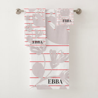 Initials pretty red stripes pink flowers girly bath towel set