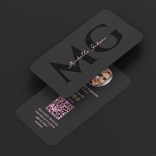 Initials Professional Aesthetic Pink Black Photo Business Card