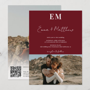 Initials red burgundy simple 2 photos qr wedding invitation