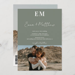 Initials sage green simple 2 photos qr wedding invitation