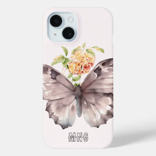 Initials sweet watercolor floral Butterfly pink iPhone 15 Case