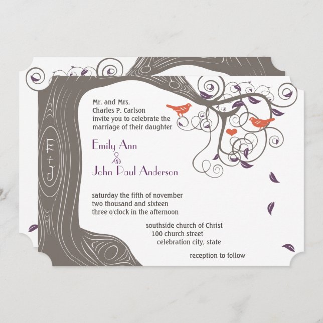 Initials Tree Tangerine Bird Wedding Invitations (Front/Back)