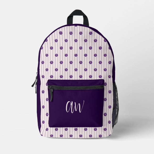 Initials Violet & Blush Stripes - Purple Blooms Printed Backpack (Front)