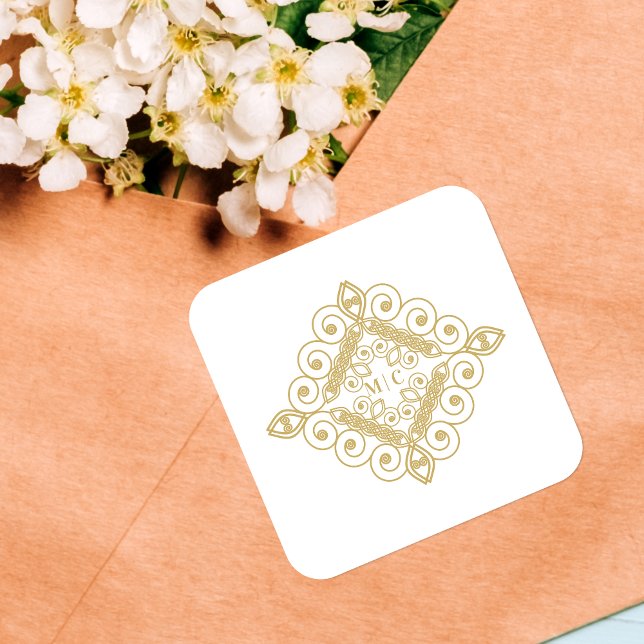 Initials White & Gold Sophisticated Swirly Square Sticker (White & Fake Gold Elegant Sophisticated Fake Lace Swirly Ornament with Initials Square Sticker.)