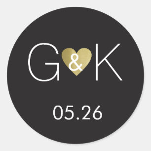 initials with faux gold love heart, wedding black classic round sticker