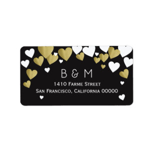 initials with faux gold love hearts, black wedding label