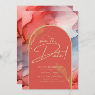 Ink Abstract Orange Red Gold Navy Save The Date Invitation