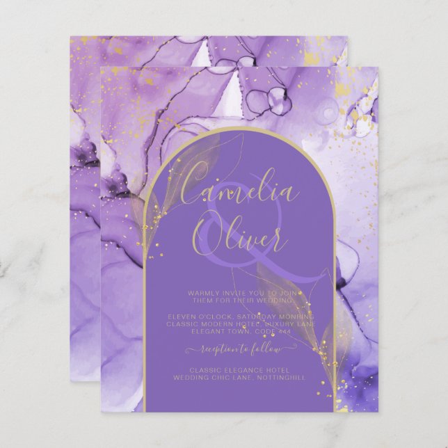 Ink Abstract PURPLE GOLD Lavender Wedding INVITE (Front/Back)