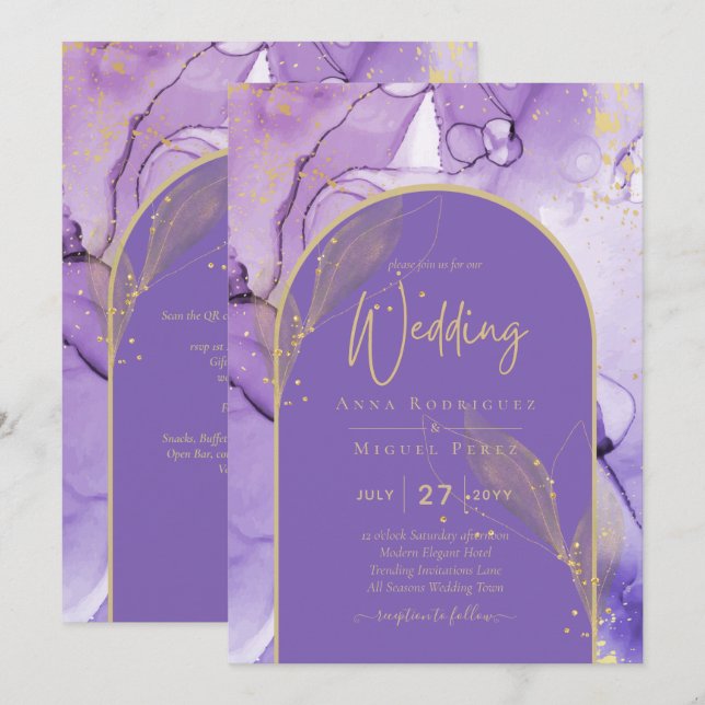 Ink Abstract PURPLE GOLD Lavender Wedding INVITE (Front/Back)