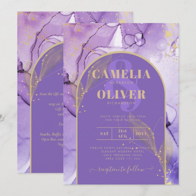 Ink Abstract PURPLE GOLD Lavender Wedding INVITE (Front/Back)