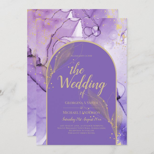 Ink Abstract PURPLE GOLD Lavender Wedding INVITE (Front/Back)