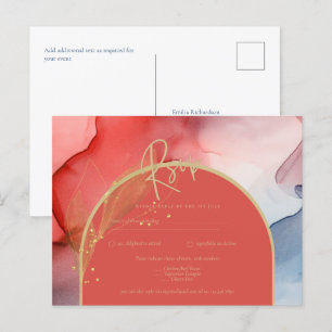 Ink Abstract Red Coral Navy Gold Wedding RSVP Postcard