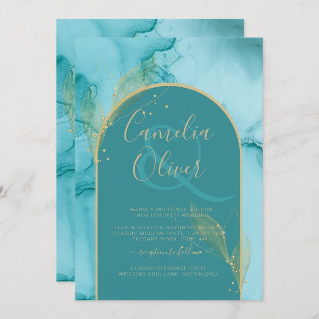 INK Abstract Turquoise Teal Gold Wedding INVITE (Front/Back)