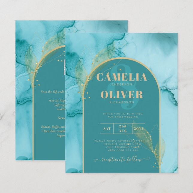 INK Abstract Turquoise Teal Gold Wedding INVITE (Front/Back)