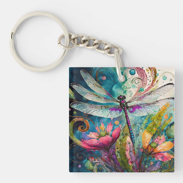 Ink and Pen Watercolor Dragonfly Acrylic Key Ring (Front)