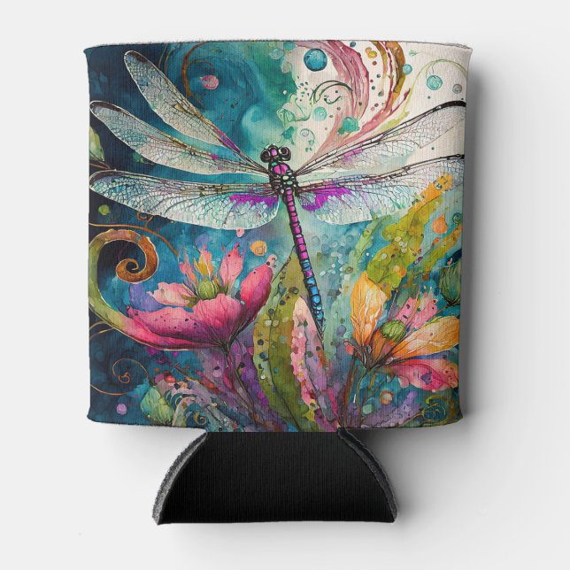 Ink and Pen Watercolor Dragonfly Can Cooler (Front)